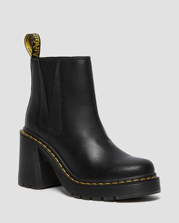 Black Women's Dr Martens Spence Leather Flared Heel Heeled Boots | CA 146VRW